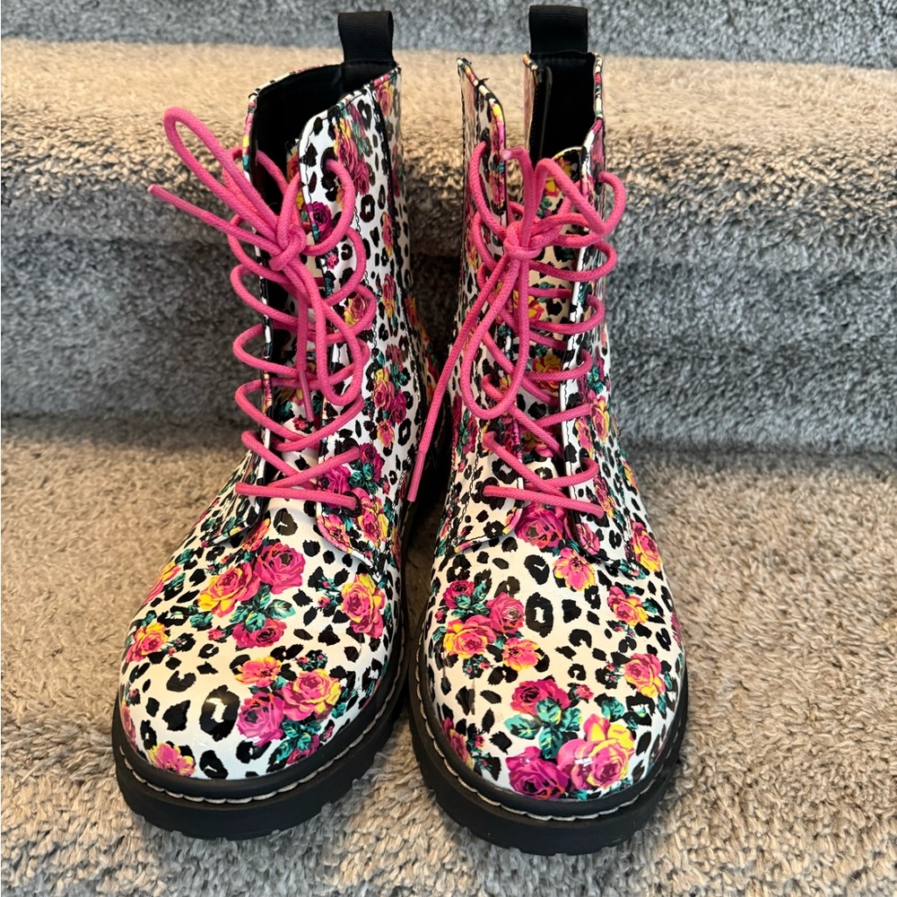 Betsey Johnson by Torrid Floral Leopard Print Combat Boots with Pink Laces